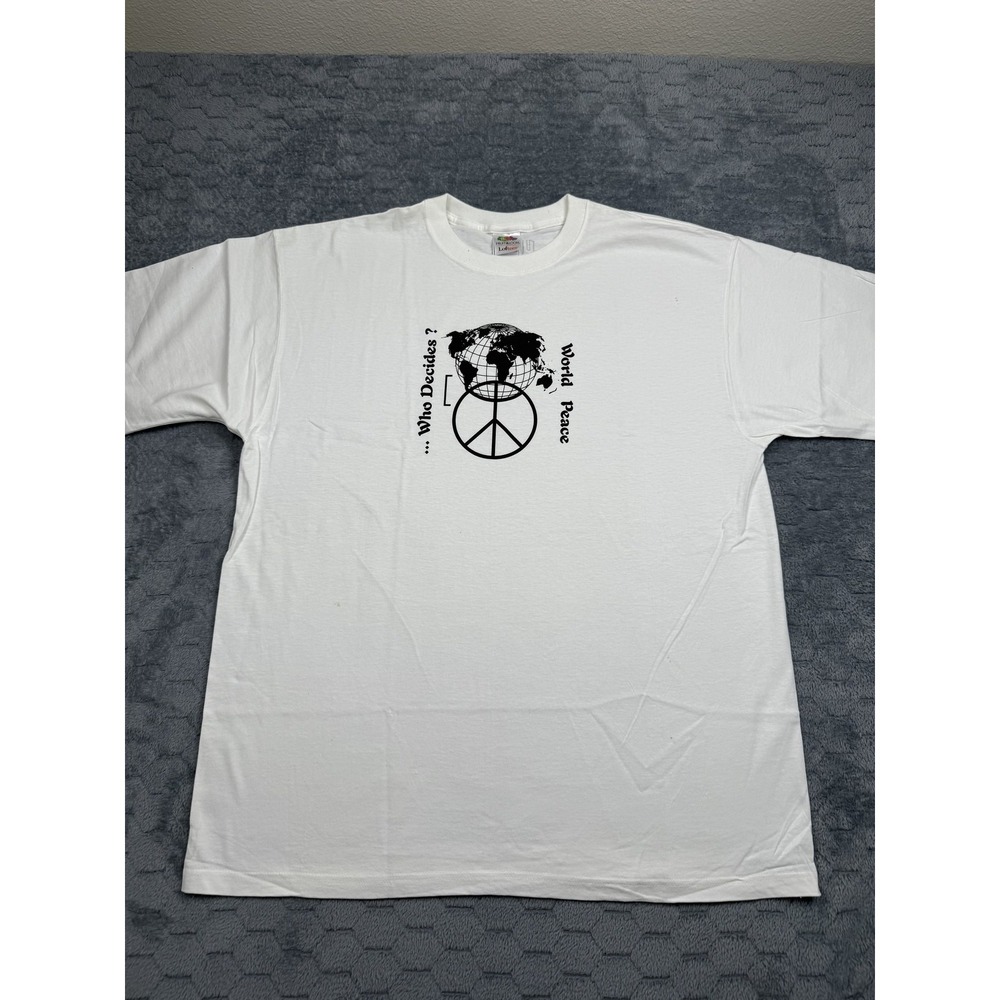 World Peace Shirt Mens XL White Fruit of the Loom Graphic Tee Who Decides Stains